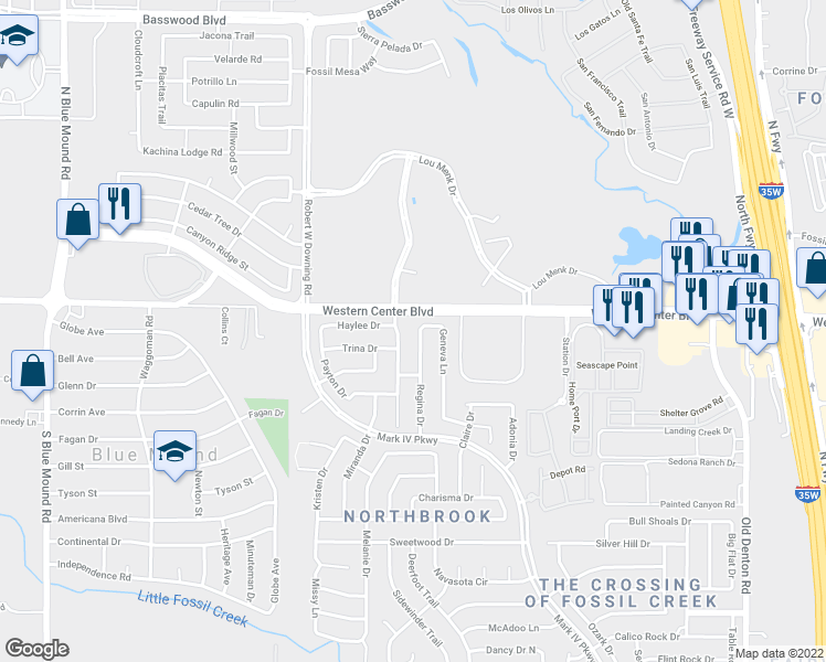 map of restaurants, bars, coffee shops, grocery stores, and more near 6549 Regina Drive in Fort Worth