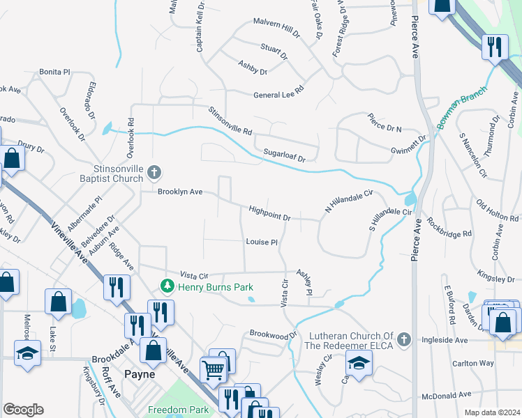 map of restaurants, bars, coffee shops, grocery stores, and more near 604 Laverne Place in Macon