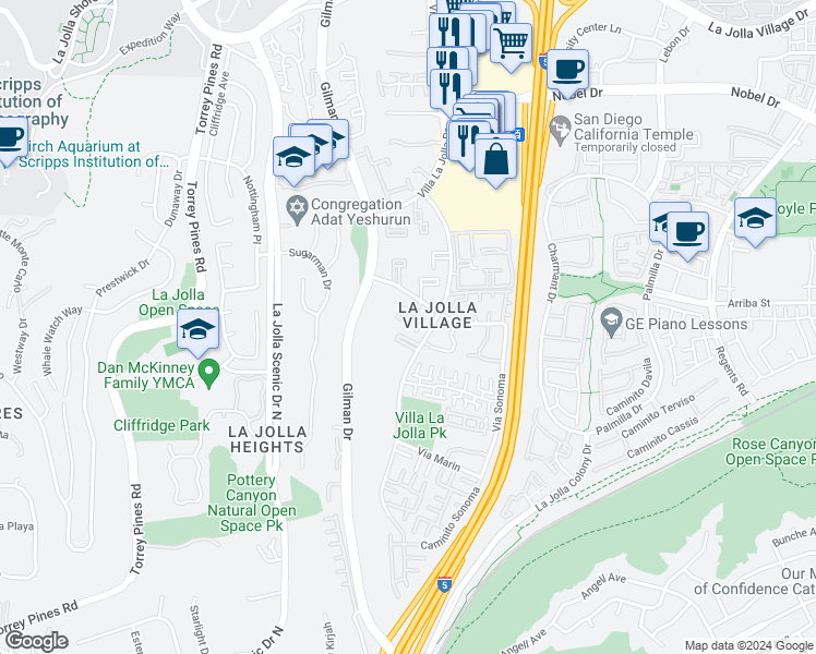 map of restaurants, bars, coffee shops, grocery stores, and more near 8440 Via Mallorca in San Diego