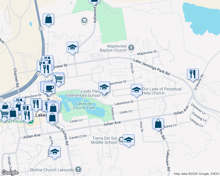 map of restaurants, bars, coffee shops, grocery stores, and more near 9938 White Hills Road in Lakeside
