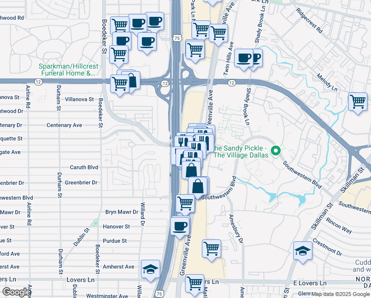 map of restaurants, bars, coffee shops, grocery stores, and more near 8080 North Central Expressway in Dallas