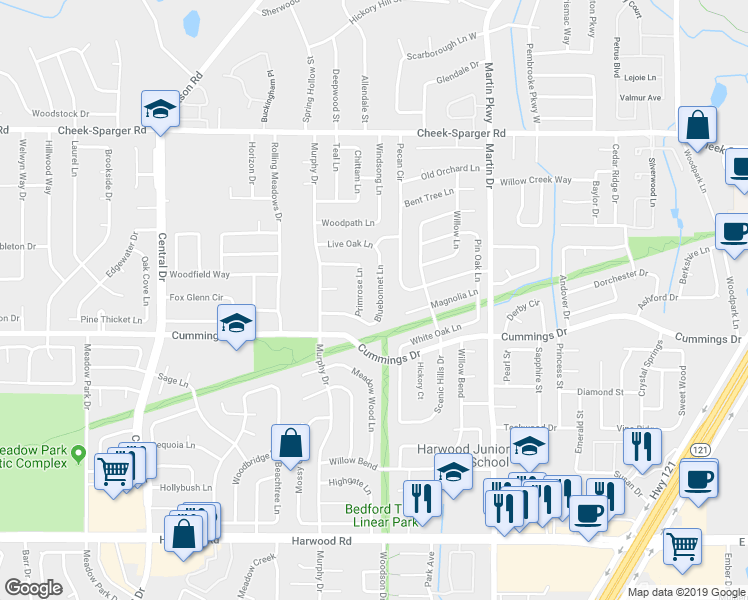map of restaurants, bars, coffee shops, grocery stores, and more near 3009 Bluebonnet Lane in Bedford