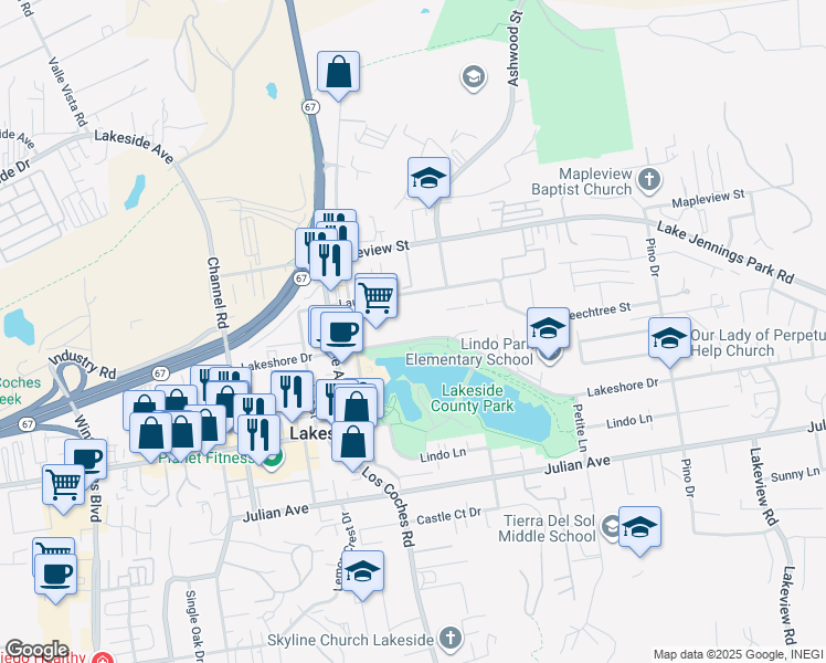 map of restaurants, bars, coffee shops, grocery stores, and more near 12616 Lakeshore Drive in Lakeside