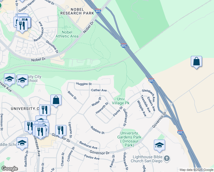 map of restaurants, bars, coffee shops, grocery stores, and more near 4657 Huggins Street in San Diego