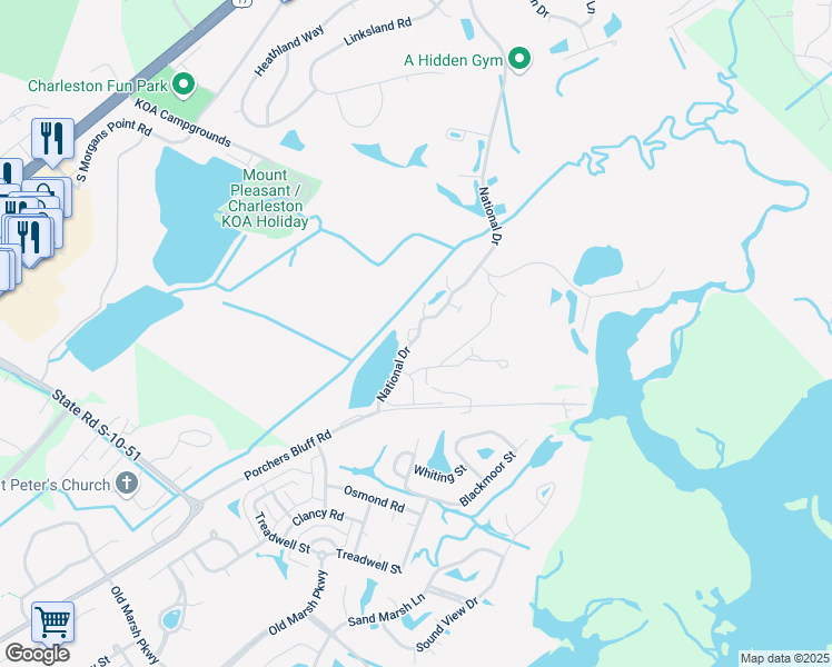 map of restaurants, bars, coffee shops, grocery stores, and more near 701 Balgrove Court in Mount Pleasant