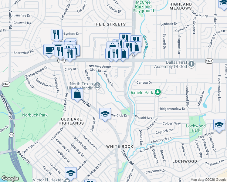 map of restaurants, bars, coffee shops, grocery stores, and more near 8303 Lullwater Drive in Dallas