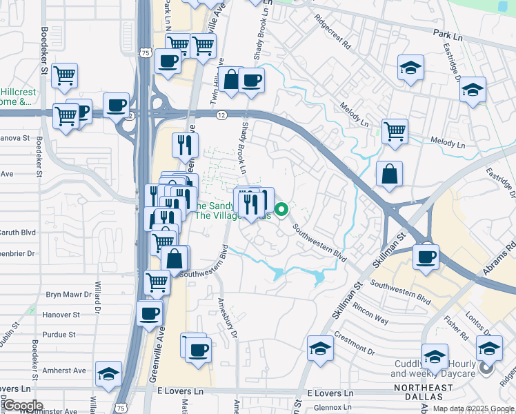 map of restaurants, bars, coffee shops, grocery stores, and more near 8400 Southwestern Boulevard in Dallas