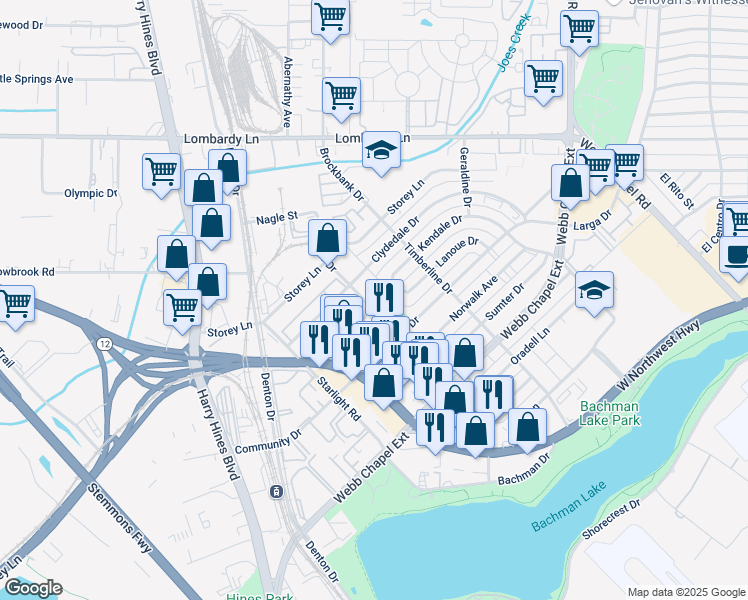 map of restaurants, bars, coffee shops, grocery stores, and more near 3001 Kendale Drive in Dallas