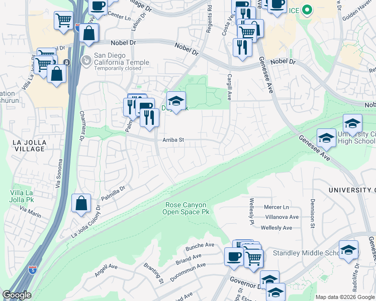 map of restaurants, bars, coffee shops, grocery stores, and more near 7826 Camino Noguera in San Diego