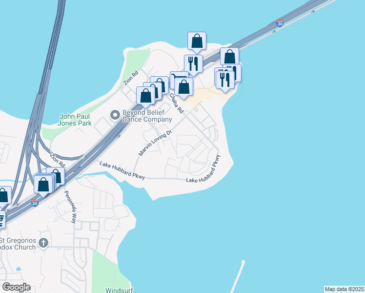 map of restaurants, bars, coffee shops, grocery stores, and more near 6015 Bay Island Drive in Garland