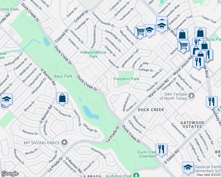 map of restaurants, bars, coffee shops, grocery stores, and more near 4338 Forest Point Drive in Garland