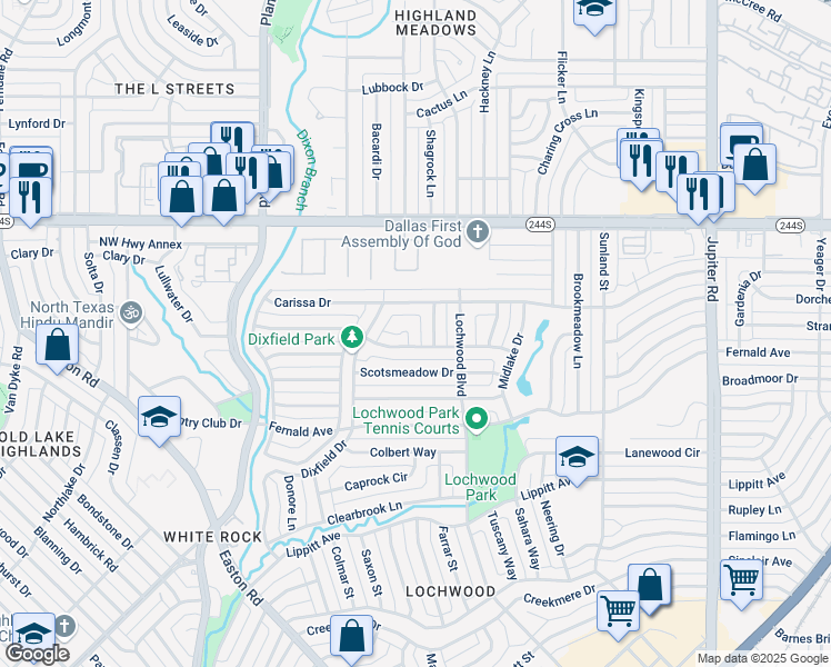 map of restaurants, bars, coffee shops, grocery stores, and more near 10973 Yorksprings Place in Dallas