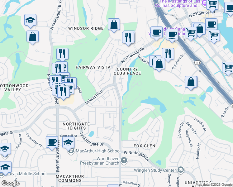 map of restaurants, bars, coffee shops, grocery stores, and more near 4509 North O'Connor Road in Irving