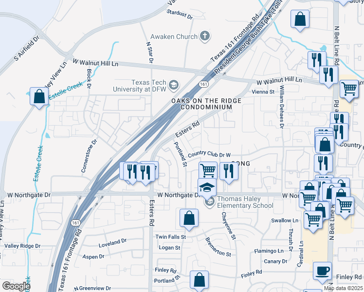 map of restaurants, bars, coffee shops, grocery stores, and more near 3920 Portland Street in Irving