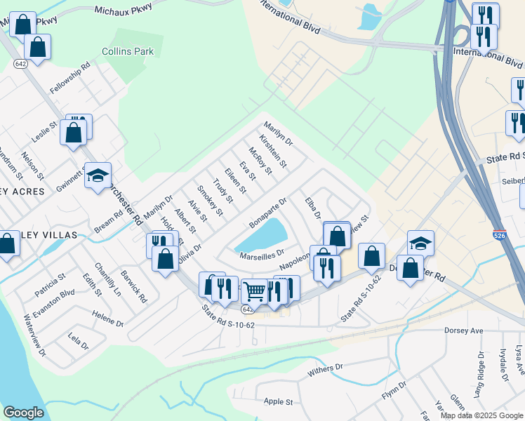 map of restaurants, bars, coffee shops, grocery stores, and more near 4120 Bonaparte Drive in North Charleston