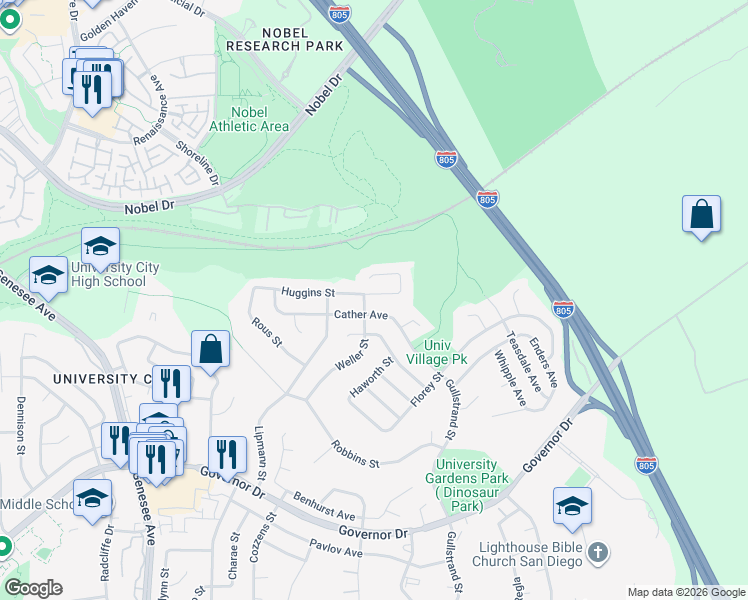 map of restaurants, bars, coffee shops, grocery stores, and more near 4627 Huggins Street in San Diego