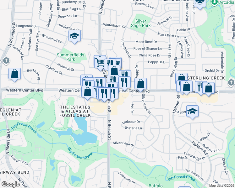 map of restaurants, bars, coffee shops, grocery stores, and more near 4520 Western Center Boulevard in Haltom City