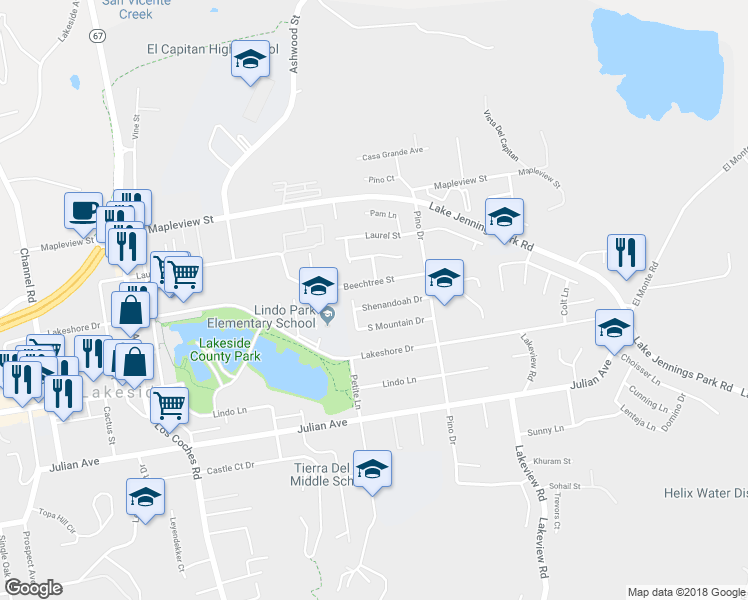 map of restaurants, bars, coffee shops, grocery stores, and more near 13038 Shenandoah Drive in Lakeside