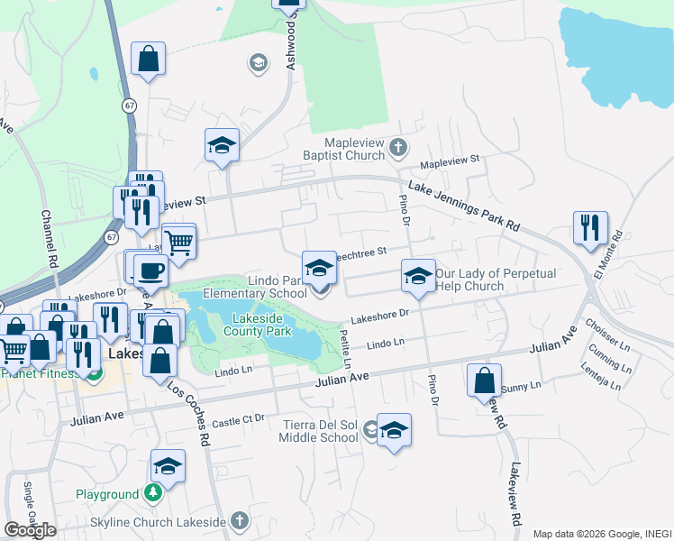 map of restaurants, bars, coffee shops, grocery stores, and more near 9938 White Hills Road in Lakeside