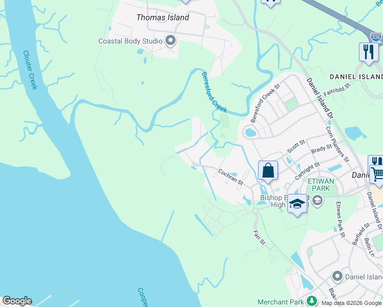 map of restaurants, bars, coffee shops, grocery stores, and more near 930 Cochran Street in Charleston