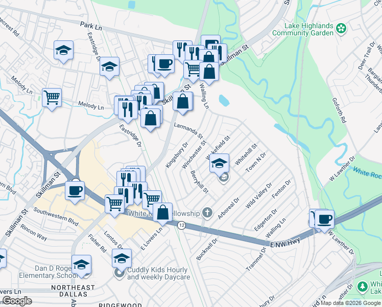 map of restaurants, bars, coffee shops, grocery stores, and more near 6920 Winchester Street in Dallas