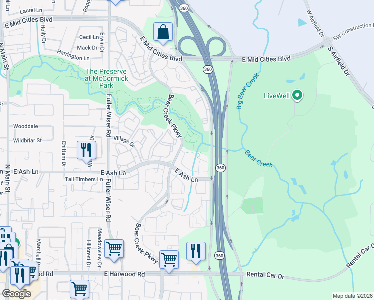 map of restaurants, bars, coffee shops, grocery stores, and more near 911 Brook Forest Lane in Euless