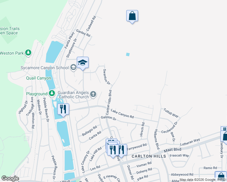 map of restaurants, bars, coffee shops, grocery stores, and more near 10059 Carlton Hills Boulevard in Santee