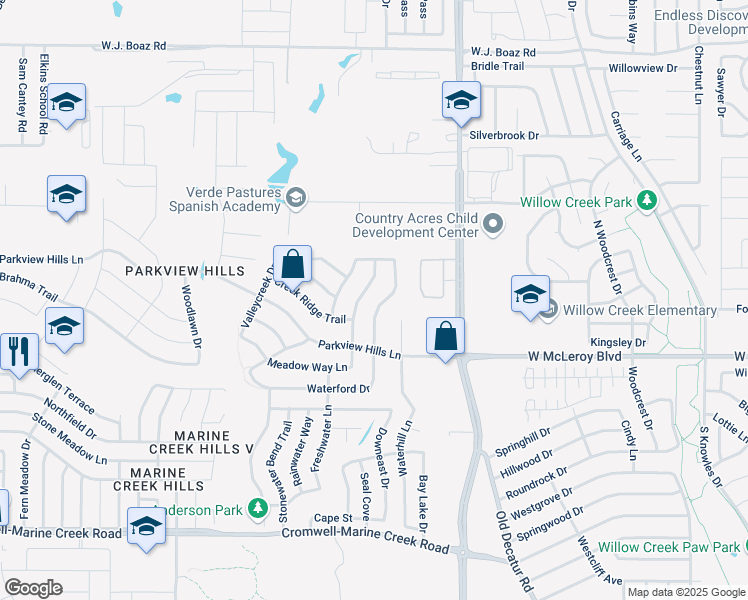 map of restaurants, bars, coffee shops, grocery stores, and more near 4612 Waterford Drive in Fort Worth