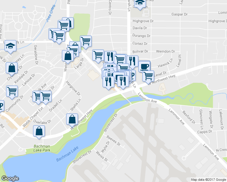 map of restaurants, bars, coffee shops, grocery stores, and more near 3647 Texas 12 Loop in Dallas