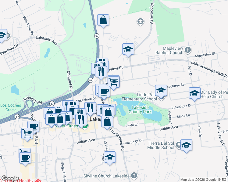 map of restaurants, bars, coffee shops, grocery stores, and more near 12580 Lakeshore Drive in Lakeside