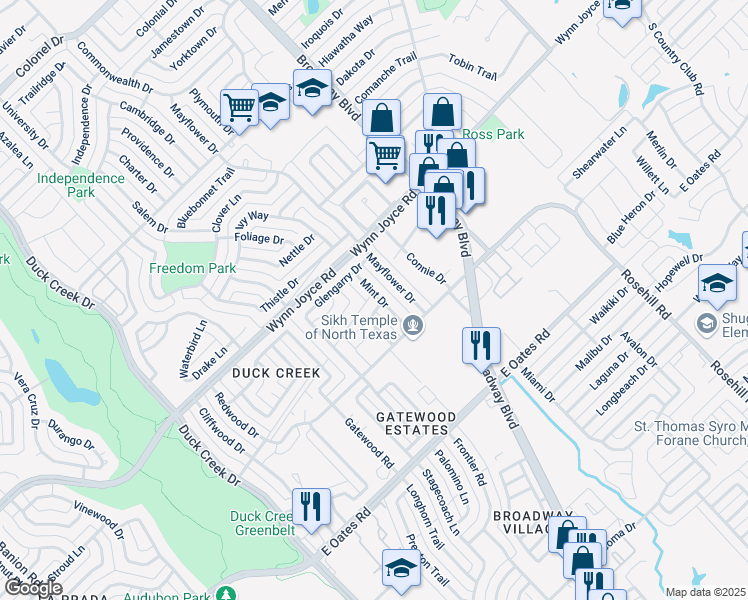 map of restaurants, bars, coffee shops, grocery stores, and more near 429 Peaceful Drive in Garland