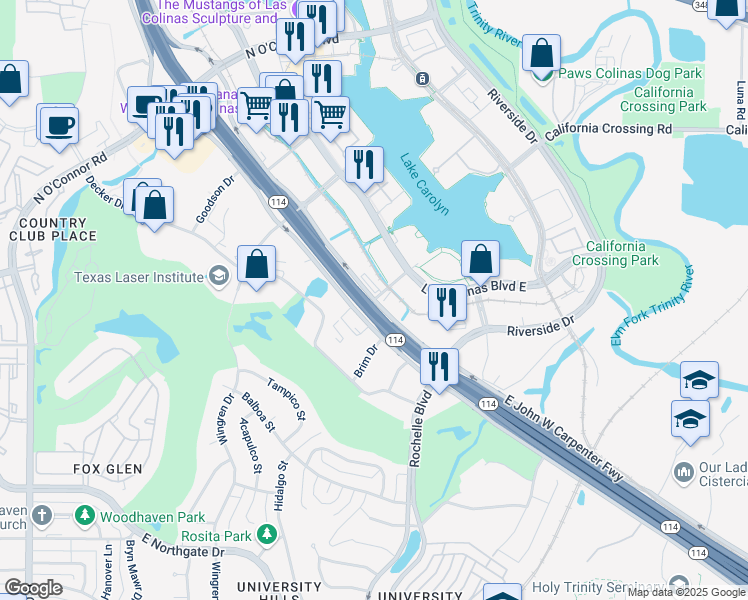 map of restaurants, bars, coffee shops, grocery stores, and more near 511 West John W Carpenter Freeway in Irving
