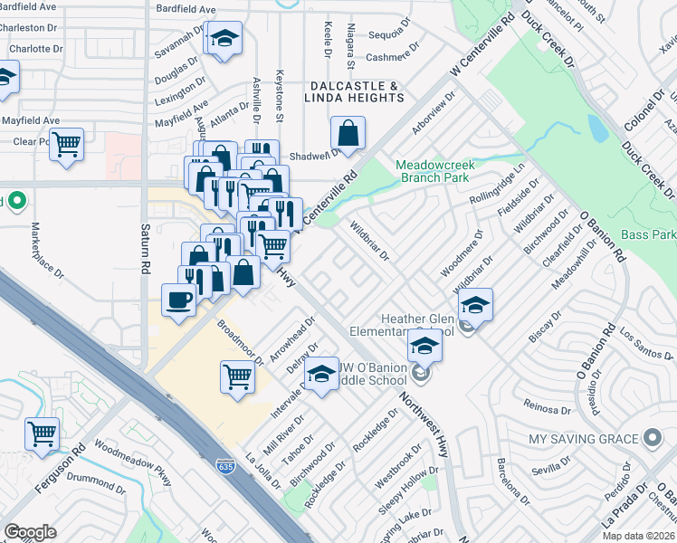 map of restaurants, bars, coffee shops, grocery stores, and more near 731 Sceptre Circle in Garland