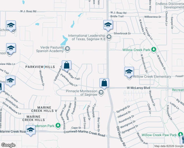 map of restaurants, bars, coffee shops, grocery stores, and more near 4553 Waterford Drive in Fort Worth