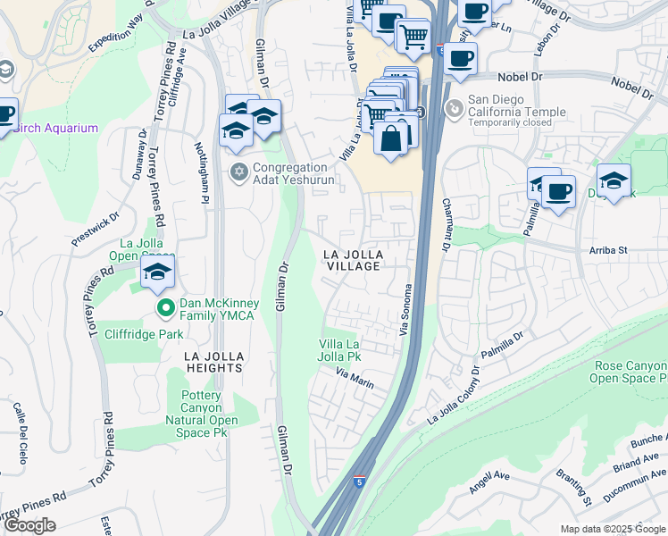 map of restaurants, bars, coffee shops, grocery stores, and more near 3161 Via Alicante in San Diego