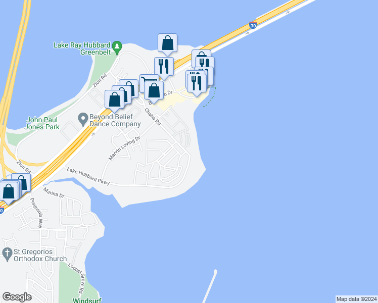 map of restaurants, bars, coffee shops, grocery stores, and more near 4602 Chaha Road in Garland