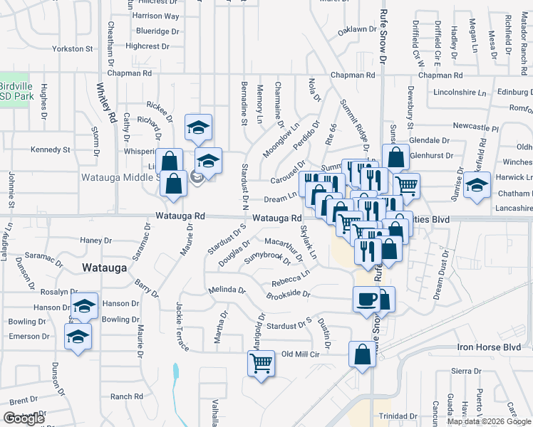 map of restaurants, bars, coffee shops, grocery stores, and more near 6317 Watauga Road in Watauga