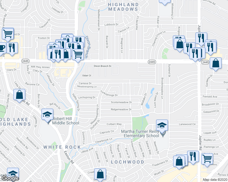 map of restaurants, bars, coffee shops, grocery stores, and more near 10998 Yorksprings Place in Dallas