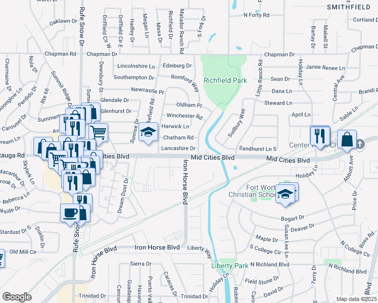 map of restaurants, bars, coffee shops, grocery stores, and more near 7216 Lancashire Drive in Fort Worth