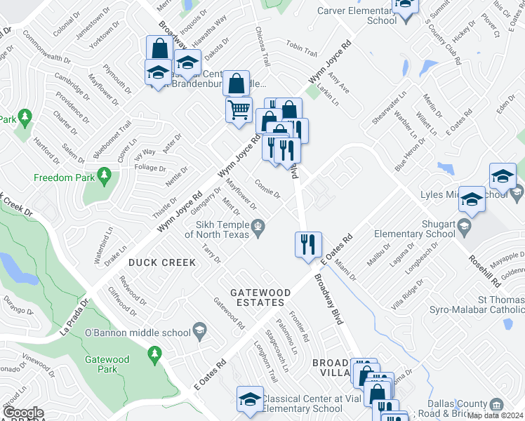 map of restaurants, bars, coffee shops, grocery stores, and more near 4422 Mayflower Drive in Garland