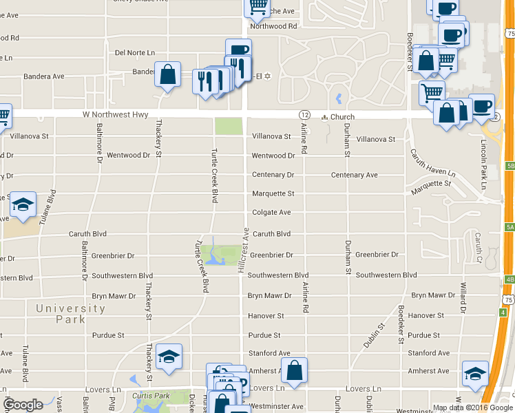 map of restaurants, bars, coffee shops, grocery stores, and more near 3312 Colgate Avenue in Dallas