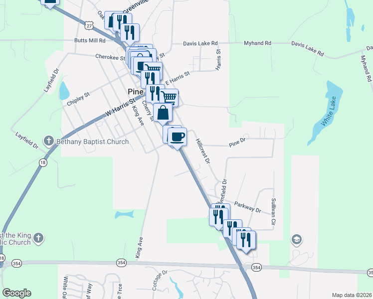 map of restaurants, bars, coffee shops, grocery stores, and more near 337 Gardenview Drive in Pine Mountain
