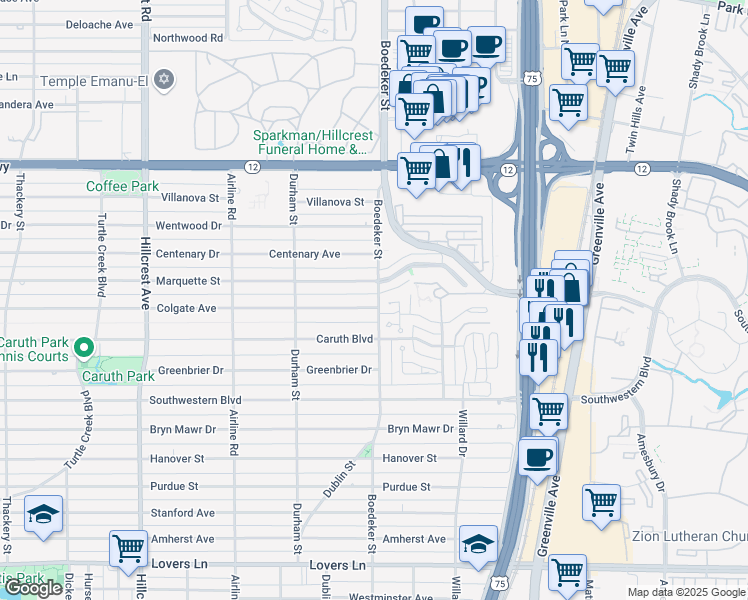 map of restaurants, bars, coffee shops, grocery stores, and more near 7543 Colgate Avenue in Dallas