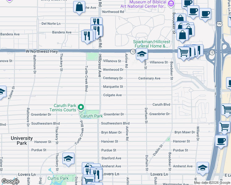 map of restaurants, bars, coffee shops, grocery stores, and more near 3224 Colgate Ave in Dallas