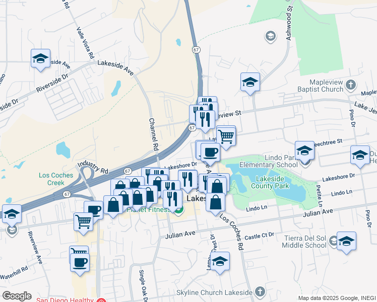 map of restaurants, bars, coffee shops, grocery stores, and more near 10030 River Street in Lakeside