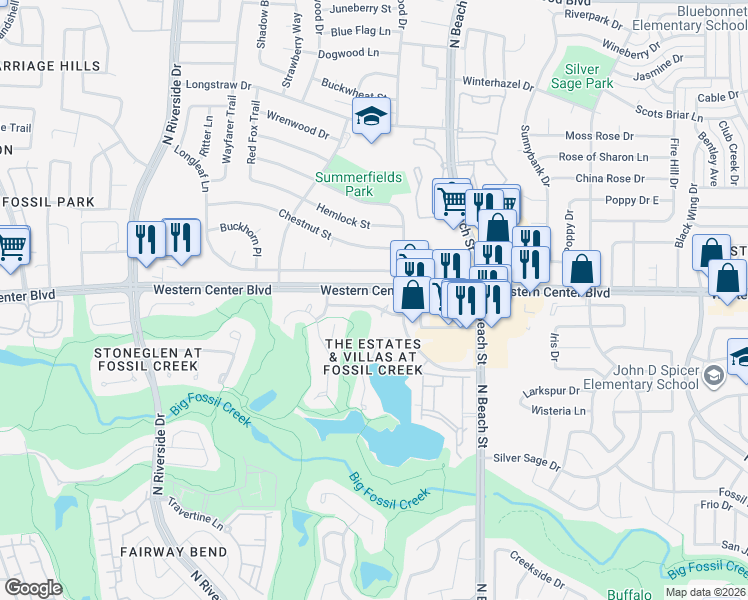 map of restaurants, bars, coffee shops, grocery stores, and more near 4229 Fairway Crossing Drive in Fort Worth
