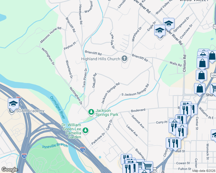 map of restaurants, bars, coffee shops, grocery stores, and more near 1178 Jackson Springs Road in Macon