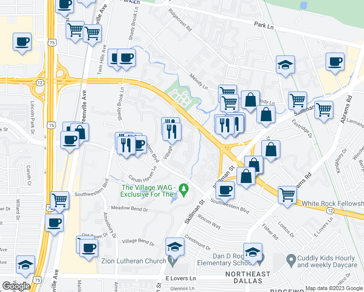 map of restaurants, bars, coffee shops, grocery stores, and more near 8623 Southwestern Boulevard in Dallas