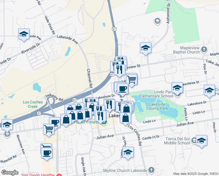 map of restaurants, bars, coffee shops, grocery stores, and more near 10030 River Street in Lakeside