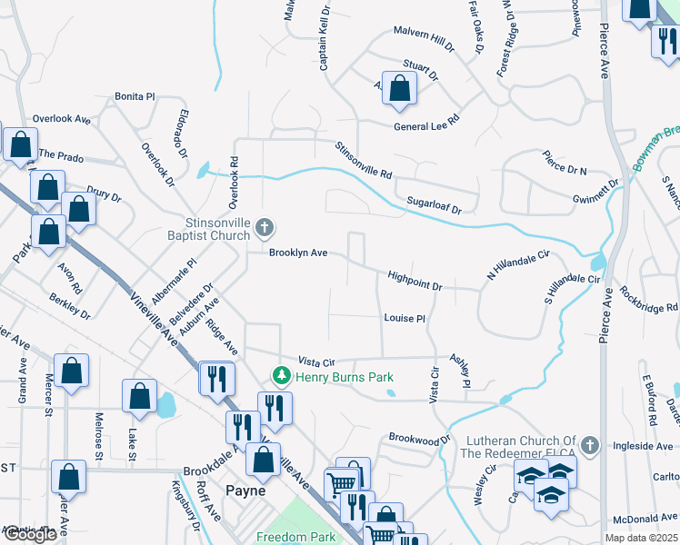 map of restaurants, bars, coffee shops, grocery stores, and more near 588 Adamson Street in Macon